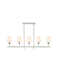 A silver-colored linear chandelier with floral petal accents, featuring a ceiling mount and three light fixtures.