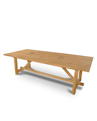 A rectangular rustic wooden dining table with angled legs and a removable tray.