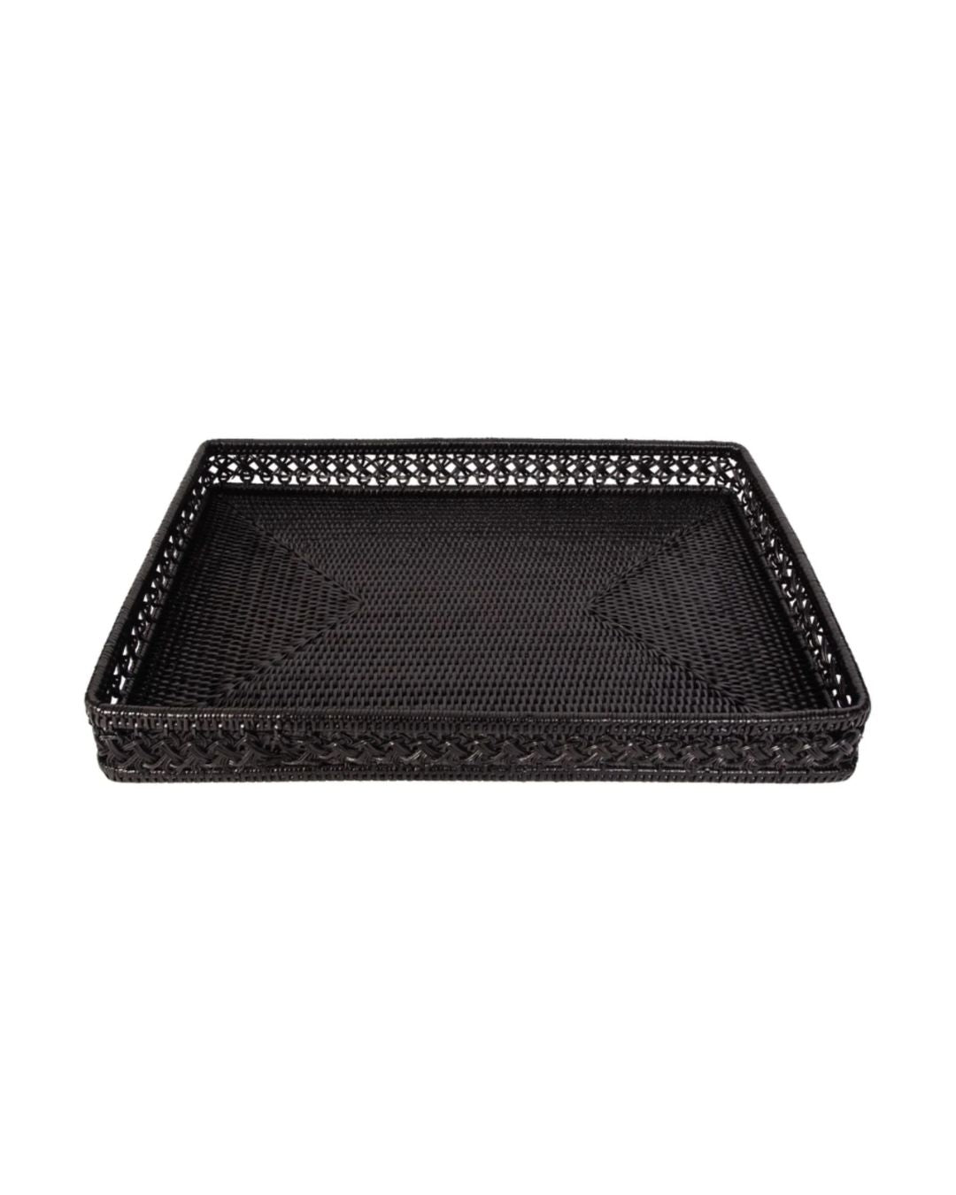 Black woven tray on a white background