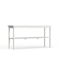 A white console table with a scalloped edge design, suitable for outdoor use.
