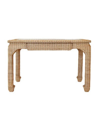 A rectangular woven rattan desk with a visible drawer and a flat surface.