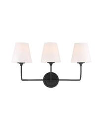 A black vanity light fixture with three white glass shades, mounted on a wall.