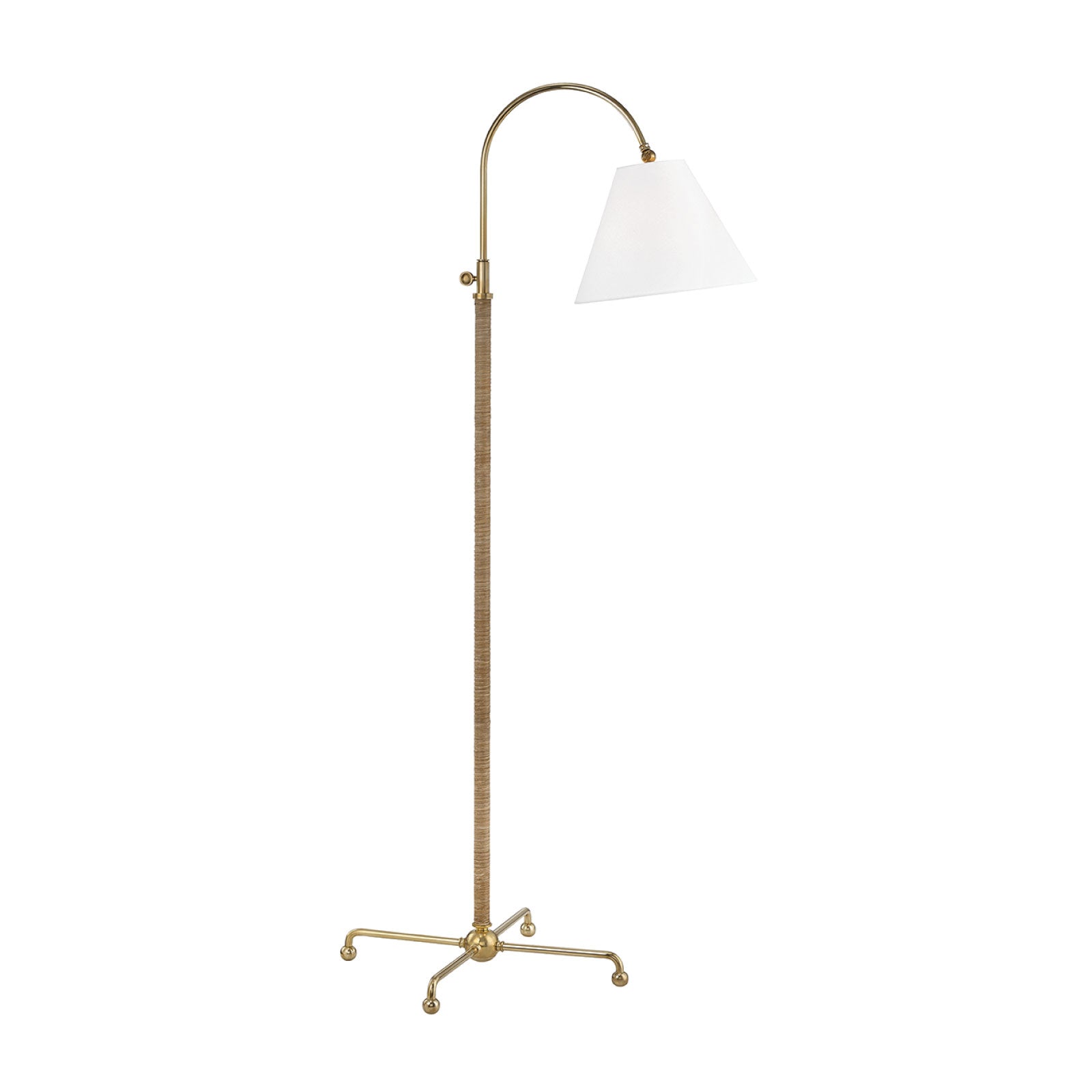 Rattan wrapped bass floor lamp with white linen shade