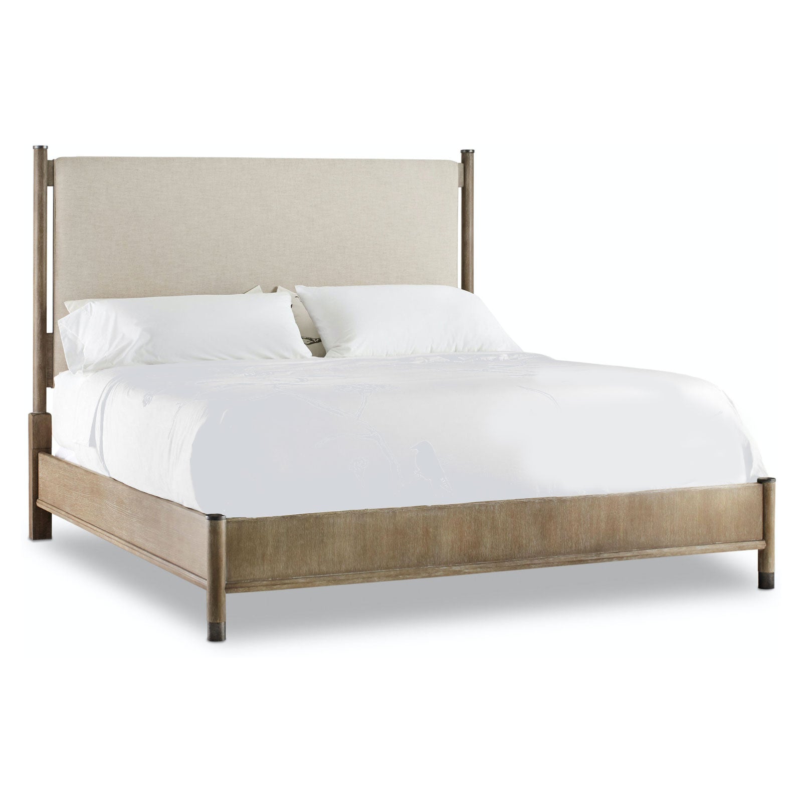 Bed frame constructed with soft, rounded edges and combined with sand-blasted greige and antique white oak finishes