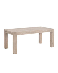A rectangular dining table with a natural aged grey finish, having four wooden legs and a smooth tabletop.
