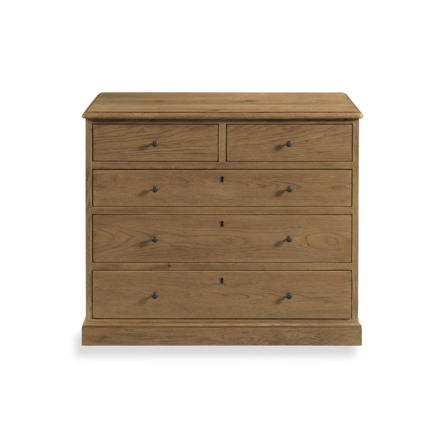 rectangular top over five individual storage drawers mounted with cast brass floral detailed knobs