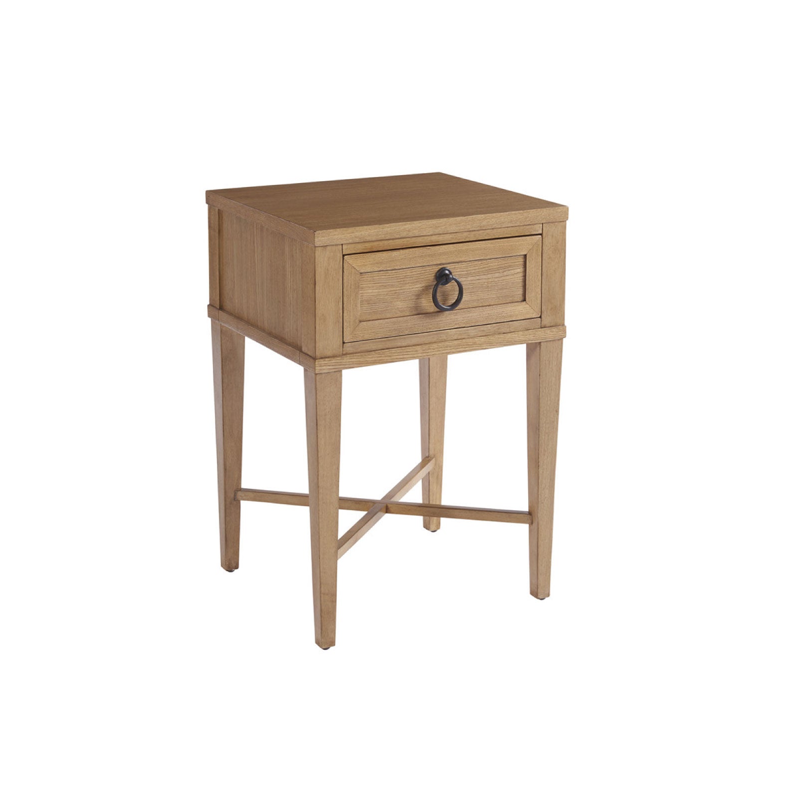 Light brown wood nightstand with one drawer featuring a circular drawer pull 