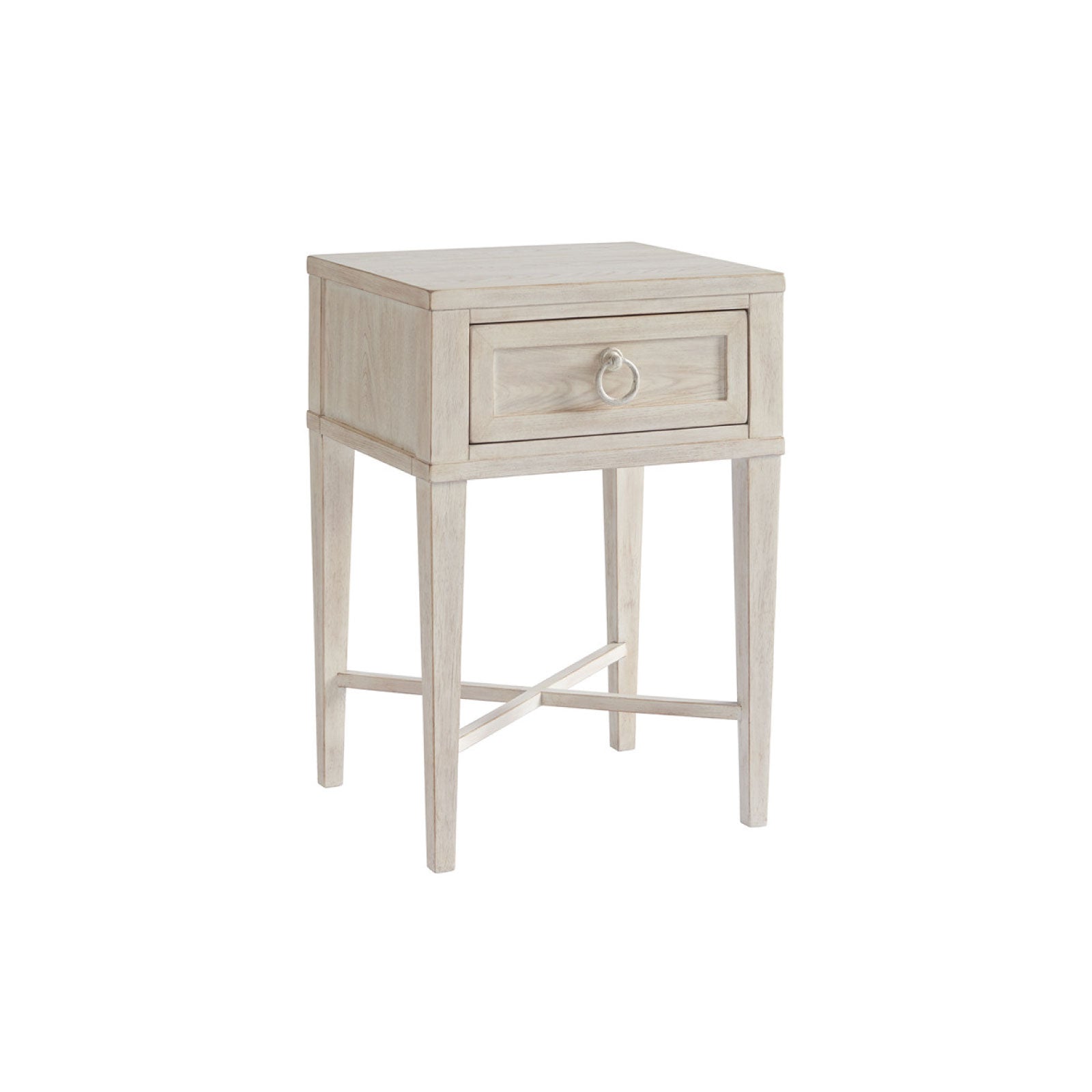 Wood nightstand with a light finish. One drawer with a white circular drawer pull