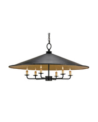 A Connelly Chandelier with a wrought iron structure and gold under-shade, featuring multiple light bulbs.
