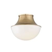 Semi flush brass and frosted glass globe light fixture