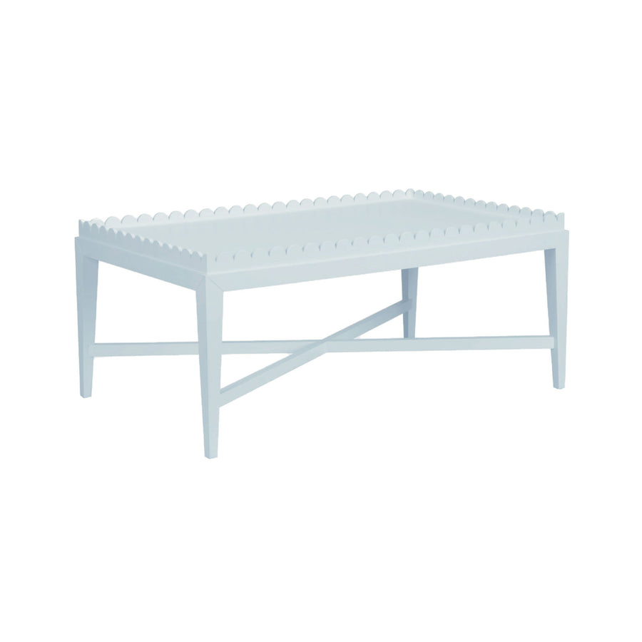 Grey rectangular coffee table with a scalloped edge