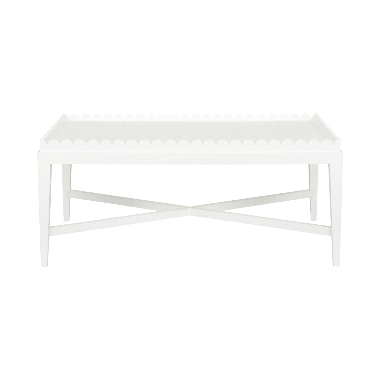 White rectangular coffee table with a scalloped edge