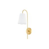 Brass wall sconce with white linen scalloped shade