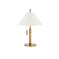 Patina brass table lamp with off-white lamp shade and pull chain.