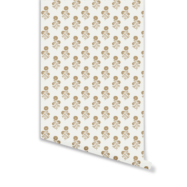 Julia Floral Wallpaper in Camel on White