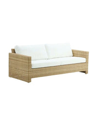 An outdoor sofa with a strong aluminum frame wrapped with an outdoor woven material, featuring a white cushion.