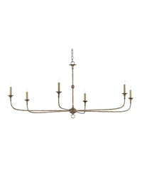 A wrought iron and brass finish chandelier with six lights, designed for dining room or family room lighting.
