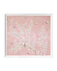 A framed art piece featuring a pink background with detailed floral patterns and small birds.