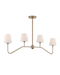 A vibrant gold linear chandelier with clean-lined glass shades and a steel frame.