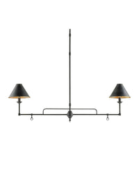 A Sawyer Chandelier with black wrought iron structure and gold leaf detailing on the interior shades, suspended with a central vertical rod.