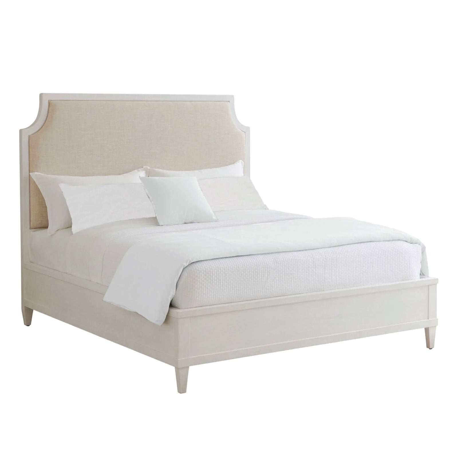 Wood bed frame upholstered headboard is complemented with sandy white performance fabric that has the look and feel of woven linen