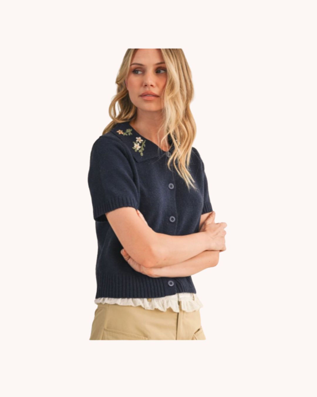 Floral Embroidered Collar Knitted Top