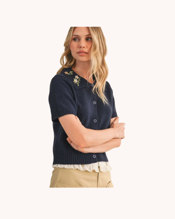 Floral Embroidered Collar Knitted Top