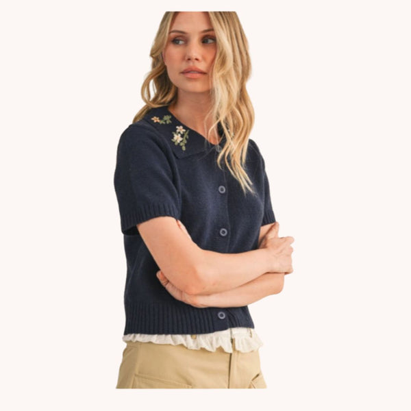 Floral Embroidered Collar Knitted Top