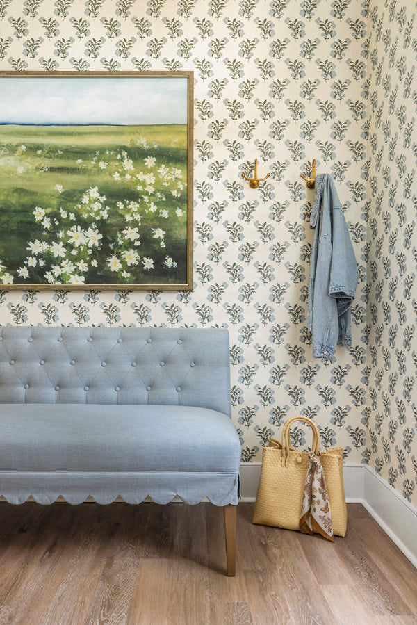Mulberry Floral Blockprint Wallpaper in Blue
