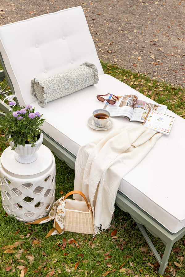 Ruffle Edge Bolster Pillow in Blue Greenwich Floral
