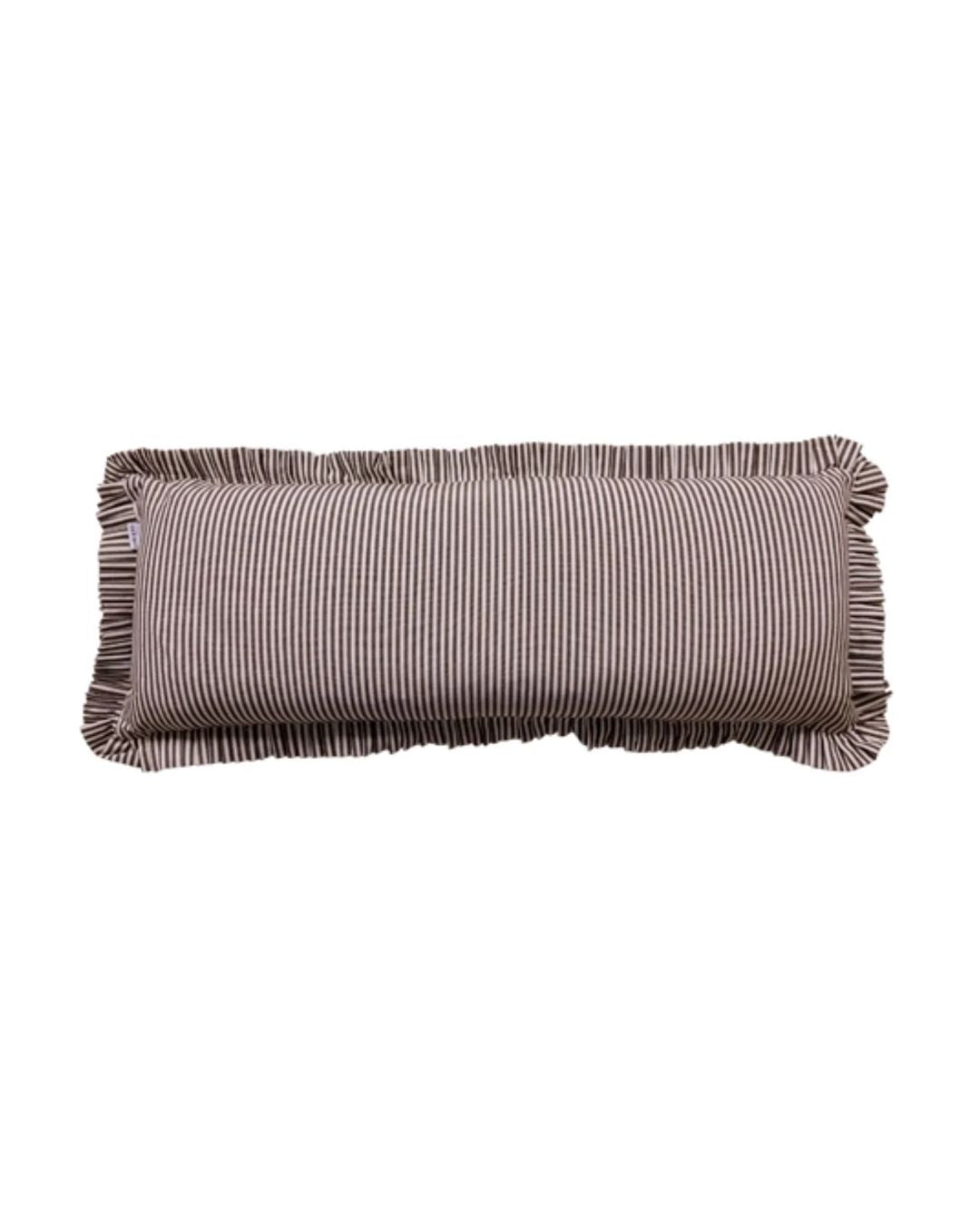 Rectangular pillow with striped pattern and ruffled edges on a white background