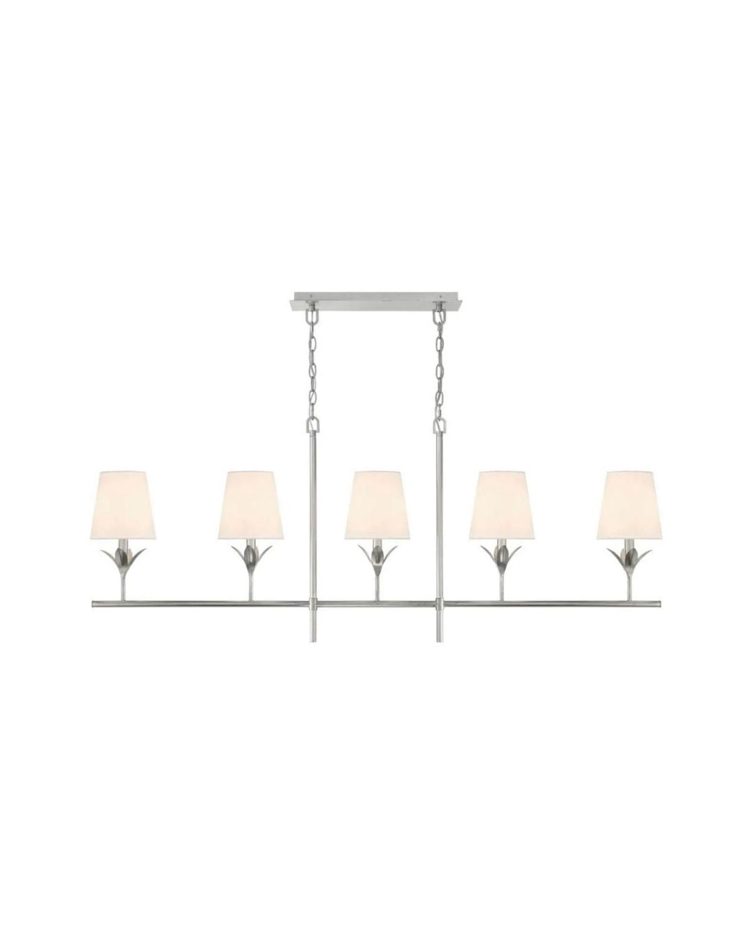 A silver-colored linear chandelier with floral petal accents, featuring a ceiling mount and three light fixtures.