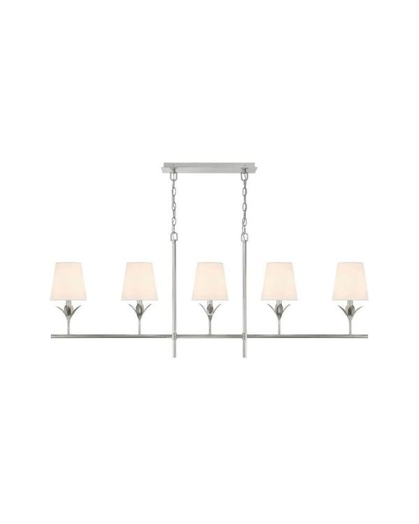 A silver-colored linear chandelier with floral petal accents, featuring a ceiling mount and three light fixtures.