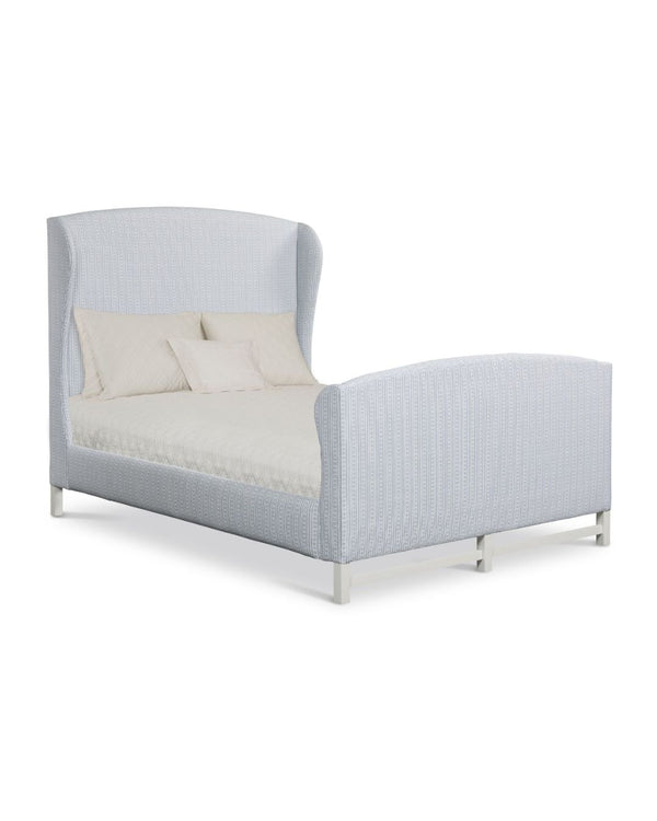 A twin-sized upholstered Ford Bed with Footboard featuring a Lily Floral Stripe fabric in beige and white colors, with a wood finish in a light shade.