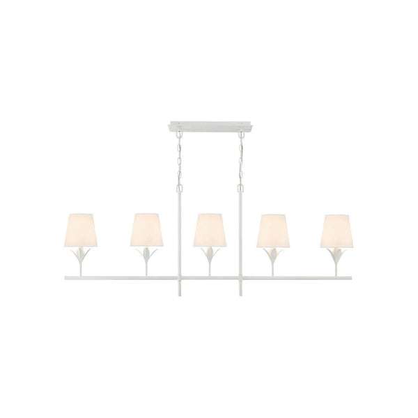 White floral petal accent linear chandelier with linen shades