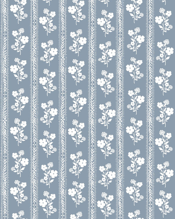Hollyhock Floral Fabric in Dusty Blue