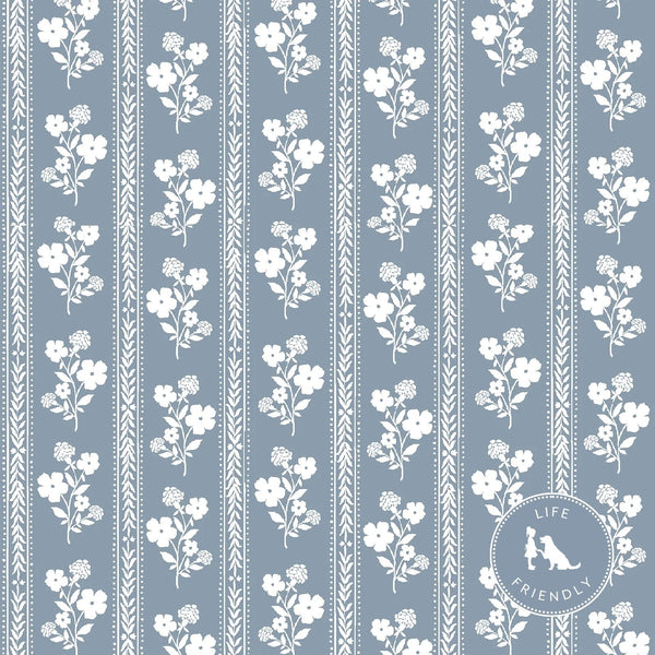 Hollyhock Floral Fabric in Dusty Blue