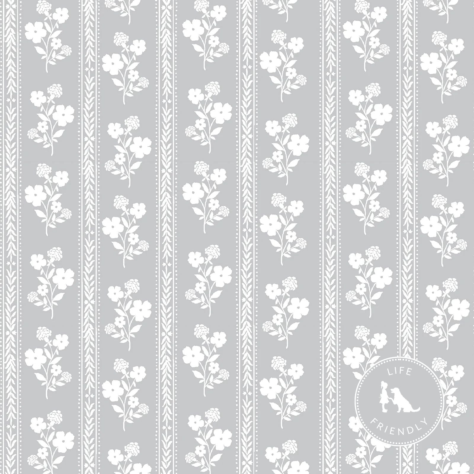 Hollyhock Floral Fabric in Stone Grey