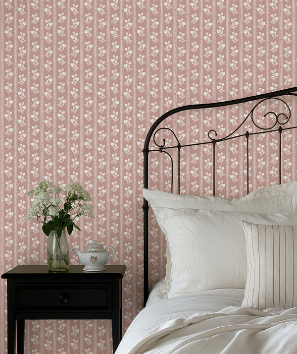 Hollyhock Floral Wallpaper in Dusty Pink