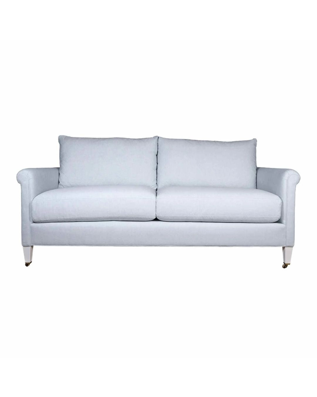 A white high-arm sofa with traditional detailing and upholstery, pictured on a white background.