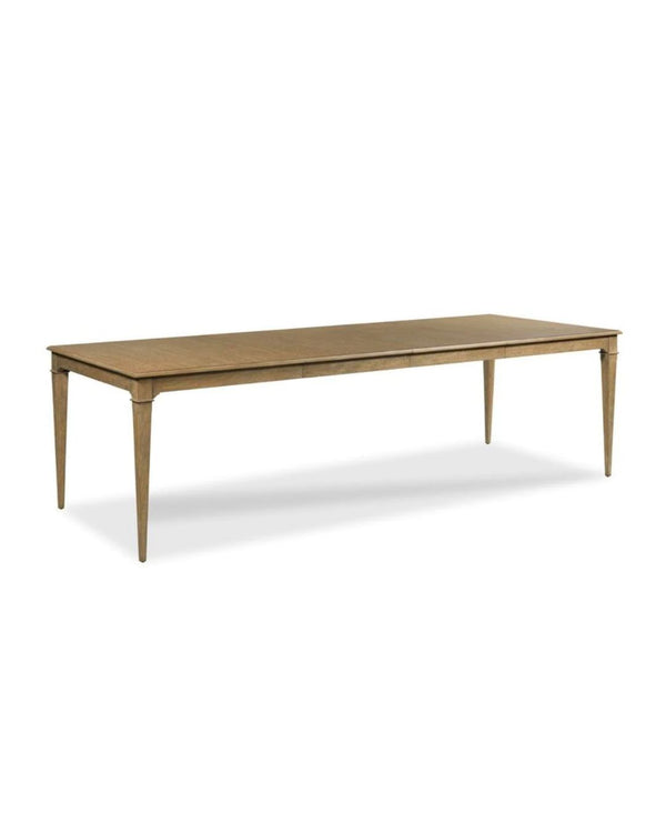 A rectangular, wood dining table with a simple design, featuring a neutral color.