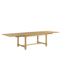 A rectangular dining table with wooden top and beige wooden legs.