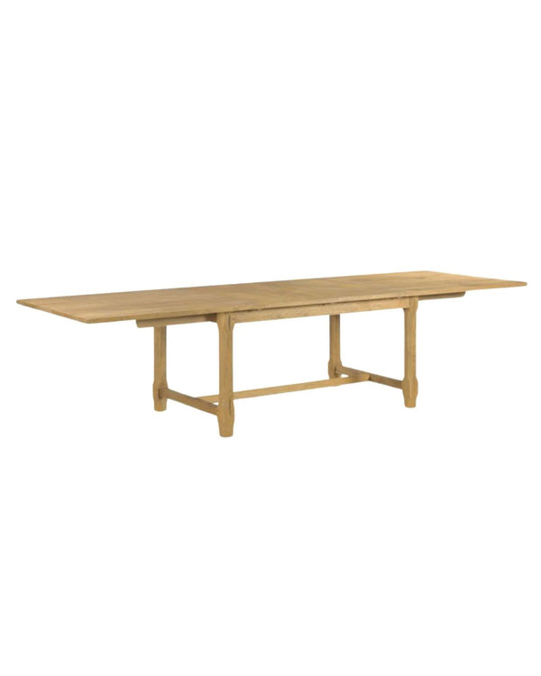 A rectangular dining table with wooden top and beige wooden legs.