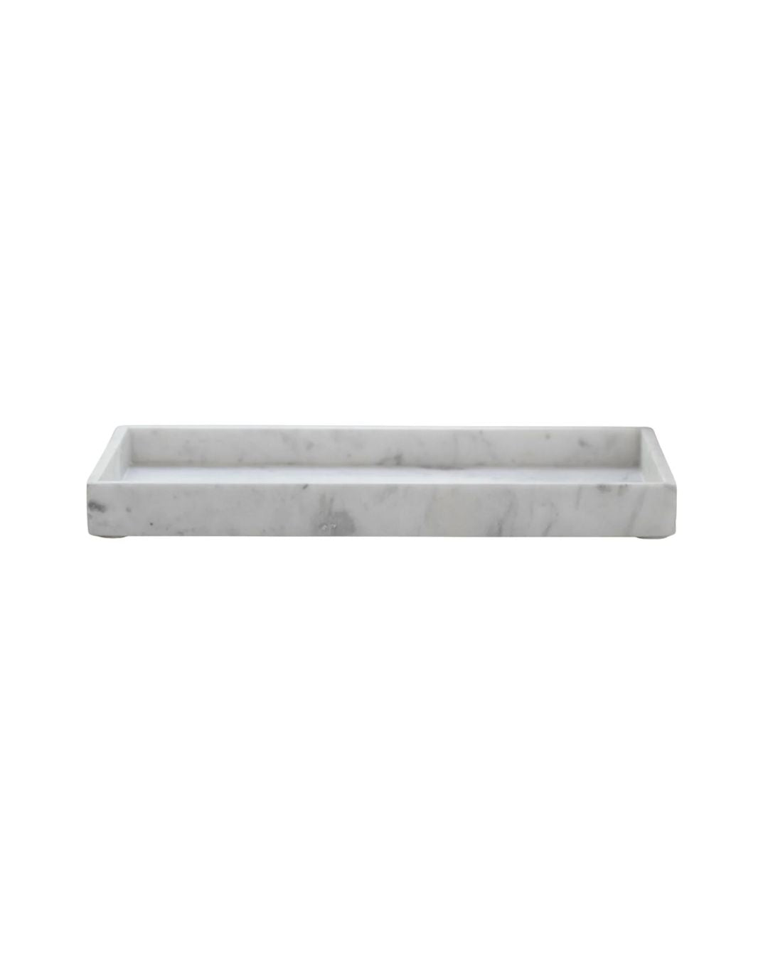 A white honed marble rectangular tray with clean minimalist lines.