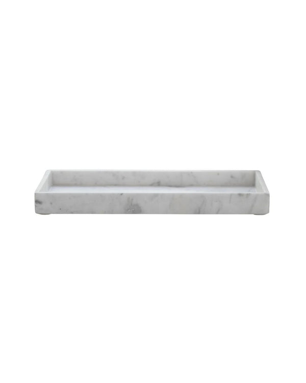 A white honed marble rectangular tray with clean minimalist lines.
