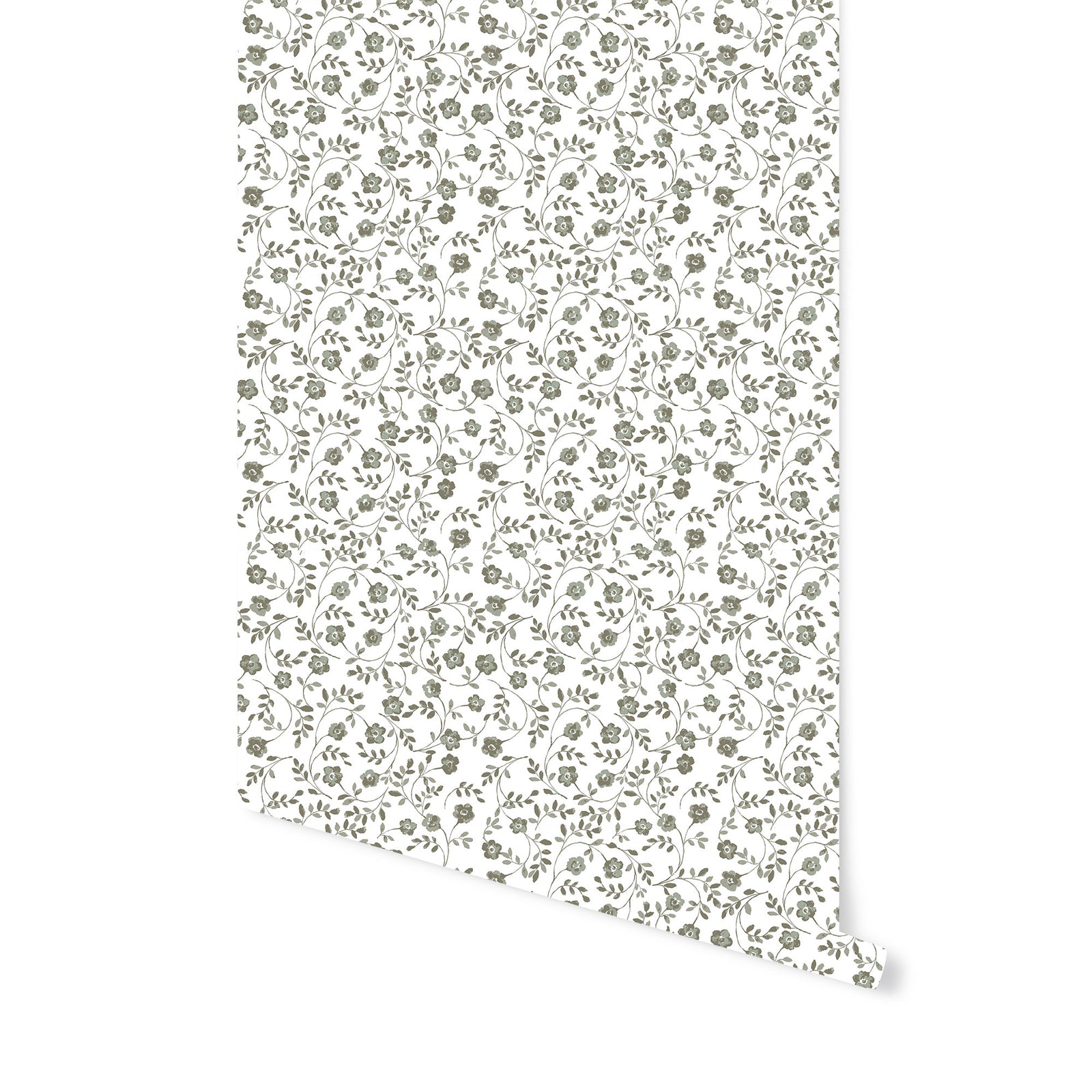 Market Floral Wallpaper in Olive on White