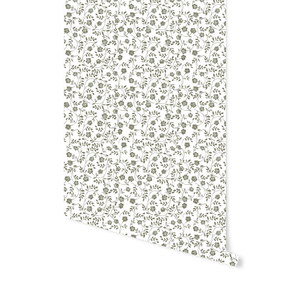 Market Floral Wallpaper in Olive on White