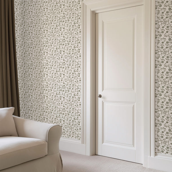 Market Floral Wallpaper in Olive on White
