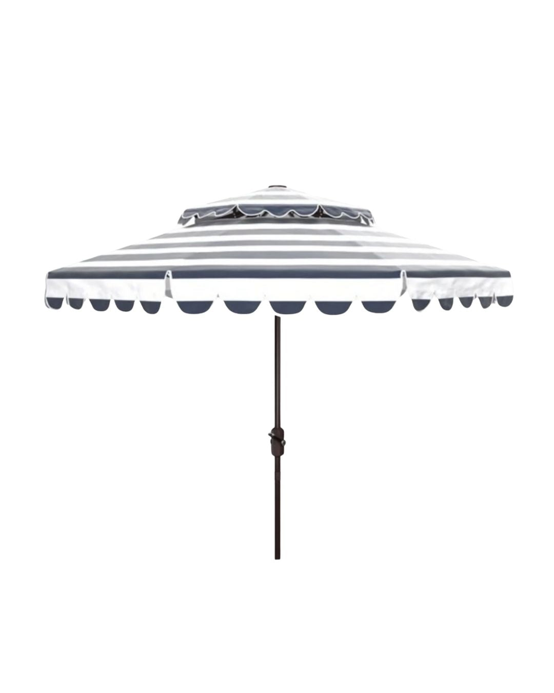A McCartney Umbrella with white and navy stripes and a scalloped edge design.