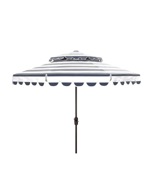 A McCartney Umbrella with white and navy stripes and a scalloped edge design.